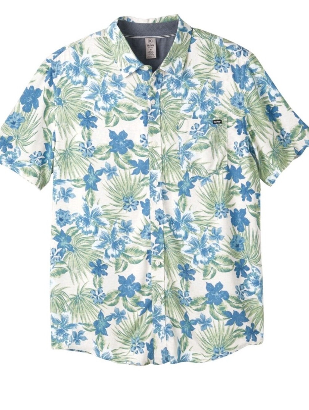 HURLEY Men's Blue & Green Floral SIZE XXL Short-Sleeve Shirt Button Up New W Tag